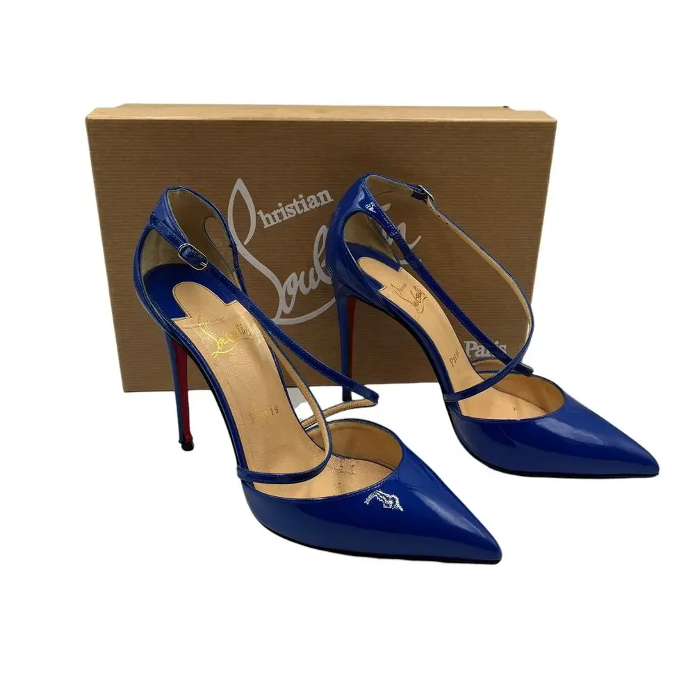 Christian Louboutin Pumps Heels Cross Blake 100 Patent Leather Electric Blue 37